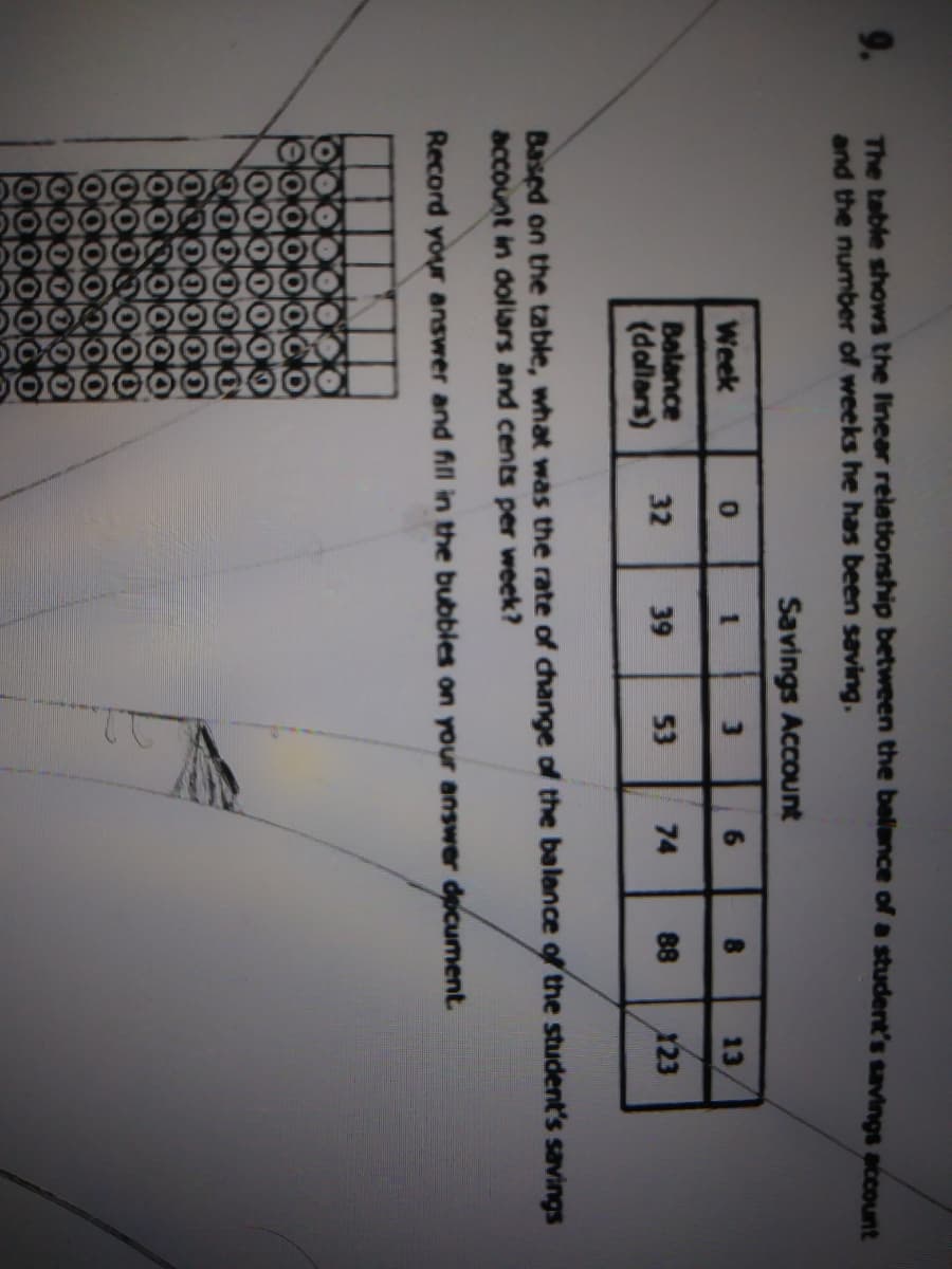 9.
The table shows the linear relationship between the belance of a student's savings account
and the number of weeks he has been saving.
Savings Account
Week
3.
6.
8.
13
Balance
(dallars)
32
39
53
74
88
123
Based on the table, what was the rate of change of the balance of the student's savings
account in doliars and cents per week?
Record your answer and fill in the bubbles on your answer document.
