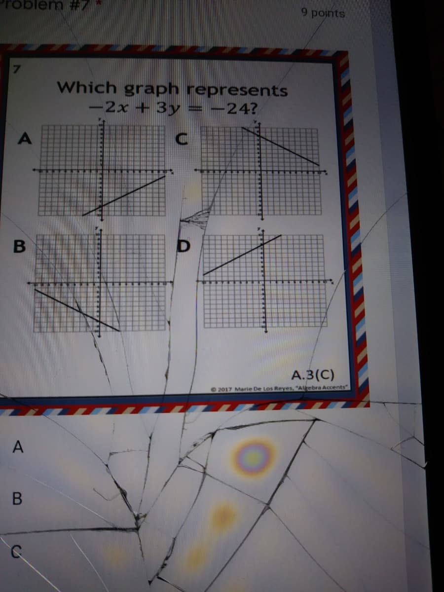 roblem #
9 points
Which graph represents
-2x +3y = -24?
A.3(C)
©2017 Marie De Los Reyes, "Altebra Accents"
A
В
