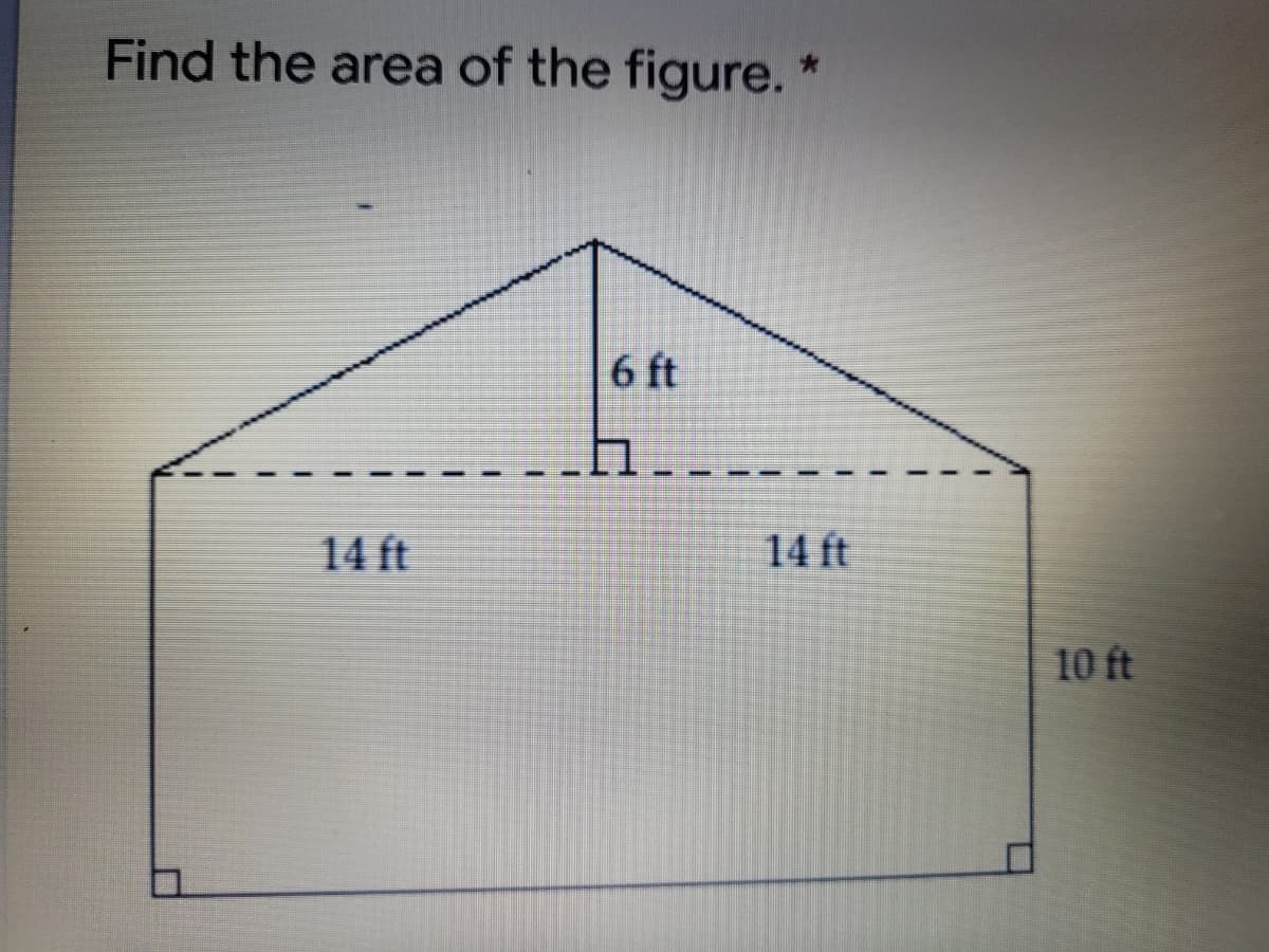 Find the area of the figure. *
6 ft
14 ft
14 ft
10 ft
