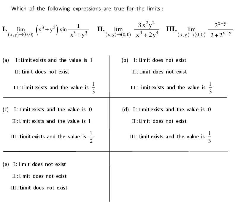 Which of the following expressions are true for the limits :
(x³ +y*).si
1
.sin-
x' +y
3x'y?
2x-y
III.
I.
(х, у) —Ҳ0,0)
П.
lim
lim
4
(x,y)(0,0) x* +2y*
(x,y)→(0,0) 2+2x+y
(a) I: Limit exists and the value is 1
(b) I: Limit does not exist
II: Limit does not exist
II: Limit does not exist
III: Limit exists and the value is
3
III: Limit exists and the value is
3
(c) I: Limit exists and the value is 0
(d) I: Limit exists and the value is 0
II: Limit exists and the value is 1
II: Limit does not exist
III : Limit exists and the value is
2
III: Limit exists and the value is
3
(e) I: Limit does not exist
II: Limit does not exist
III : Limit does not exist
