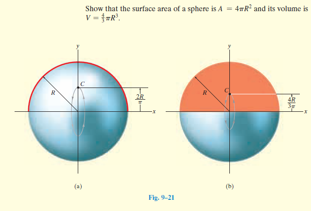 Show that the surface area of a sphere is A = 47R? and its volume is
V = TR³.
2R
x-
(a)
(b)
Fig. 9–21
