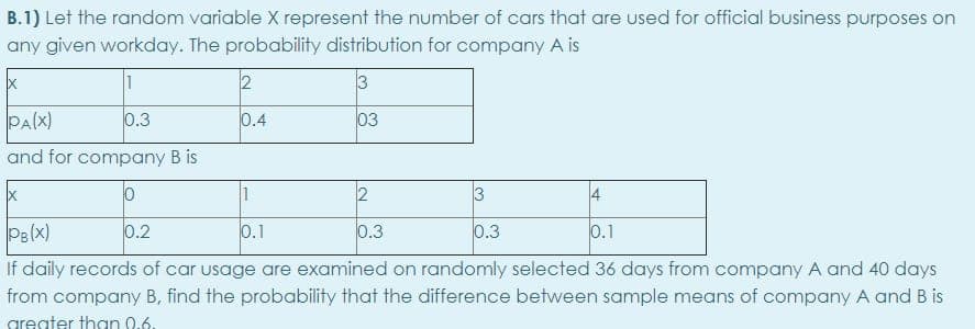 B.1) Let the random variable X represent the number of cars that are used for official business purposes on
any given workday. The probability distribution for company A is
1
2
3
PA(X)
0.3
0.4
03
and for company B is
2
3
4
P3(x)
0.2
0.1
0.3
0.3
0.1
If daily records of car usage are examined on randomly selected 36 days from company A and 40 days
from company B, find the probability that the difference between sample means of company A and B is
greater than 0.6.
