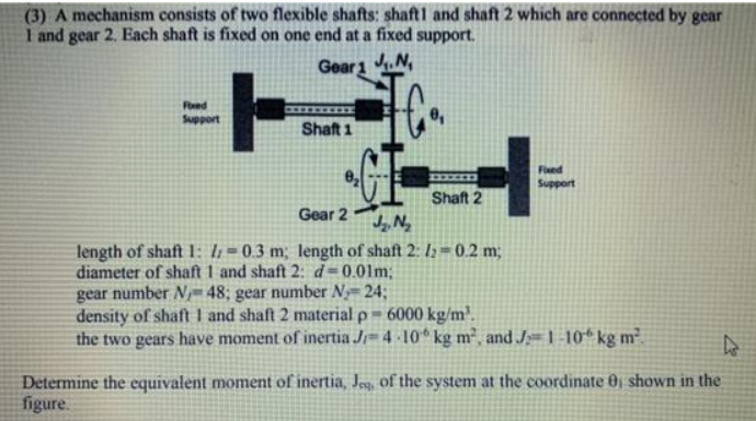 (3) A mechanism consists of two flexible shafts: shaft1 and shaft 2 which are connected by gear
I and gear 2. Each shaft is fixed on one end at a fixed support.
Gear 1
J.N
Fored
Support
Shaft 1
Fied
Support
Shaft 2
Gear 2
length of shaft 1: 1 = 0.3 m; length of shaft 2: 1= 0.2 m;
diameter of shaft 1 and shaft 2: d=0.01m;
gear number N-48; gear number Ny= 24;
density of shaft I and shaft 2 material p = 6000 kg/m³.
the two gears have moment of inertia J 4 10 kg m², and J;= 1-10* kg m²
Determine the equivalent moment of inertia, Jeg, of the system at the coordinate Oj shown in the
figure.
