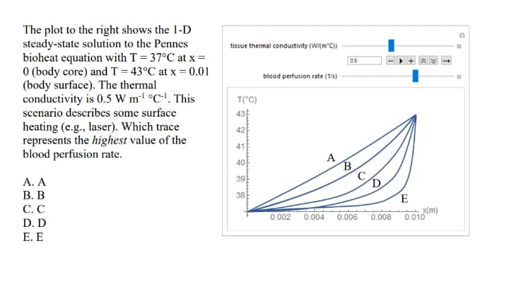 The plot to the right shows the 1-D
steady-state solution to the Pennes
bioheat equation with T = 37°C at x =
0 (body core) and T = 43°C at x = 0.01
(body surface). The thermal
conductivity is 0.5 W m-l °C-'. This
scenario describes some surface
tissue thermal conductivity (WI(m°C))
0.5
blood perfusion rate (1/5)
T("C)
43
heating (e.g., laser). Which trace
represents the highest value of the
blood perfusion rate.
42
41
A
40
А. А
В. В
39
38
E
С.С
0.002
X(m)
0.010
0.004
0.006
0.008
D. D
Е. Е
