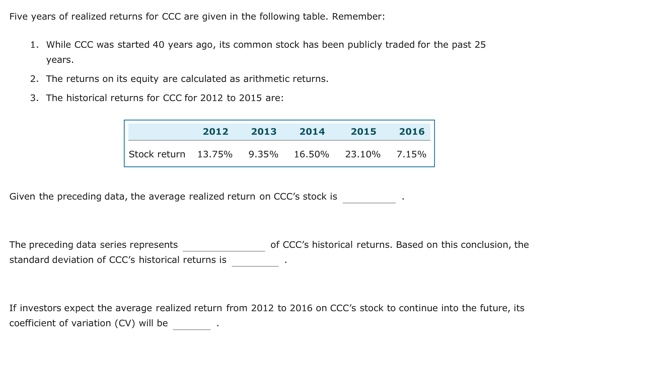 Five years of realized returns for CCC are given in the following table. Remember:
1. While CCC was started 40 years ago, its common stock has been publicly traded for the past 25
years
2. The returns on its equity are calculated as arithmetic returns.
3. The historical returns for CCC for 2012 to 2015 are:
2016
2012
2013
2014
2015
Stock return
13.75%
16.50%
7.15%
9.35%
23.10%
Given the preceding data, the average realized return on CCC's stock is
The preceding data series represents
of CCC's historical returns. Based on this conclusion, the
standard deviation of CCC's historical returns is
If investors expect the average realized return from 2012 to 2016 on CCC's stock to continue into the future, its
coefficient of variation (CV) will be
