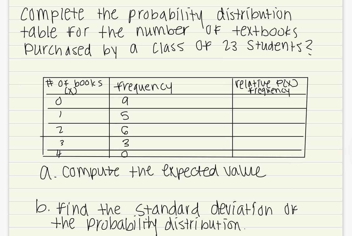 complete the probability dístríbution
table for the number
Purch ased by a Class Of 23 Students 2
Of textbooks
relative PLX
Fregnency
Ħ Of bookS
frequency
a. compute the expected value
b. find the standard deviation dr
the probability distribution
