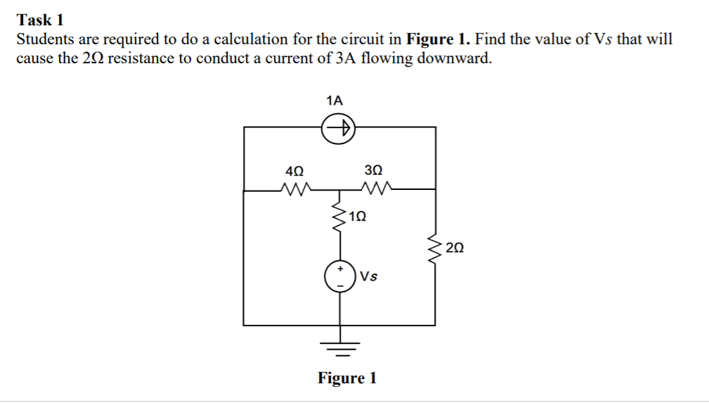 Task 1
Students are required to do a calculation for the circuit in Figure 1. Find the value of Vs that will
cause the 22 resistance to conduct a current of 3A flowing downward.
1A
40
3Ω
20
Vs
Figure 1
