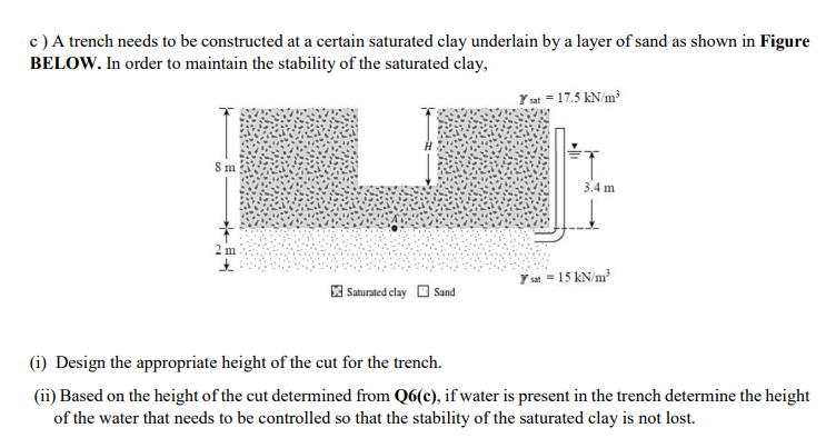 c)A trench needs to be constructed at a certain saturated clay underlain by a layer of sand as shown in Figure
BELOW. In order to maintain the stability of the saturated clay,
Yut = 17.5 kN/m?
Sm
3.4 m
m
Y at = 15 kN/m
E Saturated elay
Sand
(i) Design the appropriate height of the cut for the trench.
(ii) Based on the height of the cut determined from Q6(c), if water is present in the trench determine the height
of the water that needs to be controlled so that the stability of the saturated clay is not lost.
