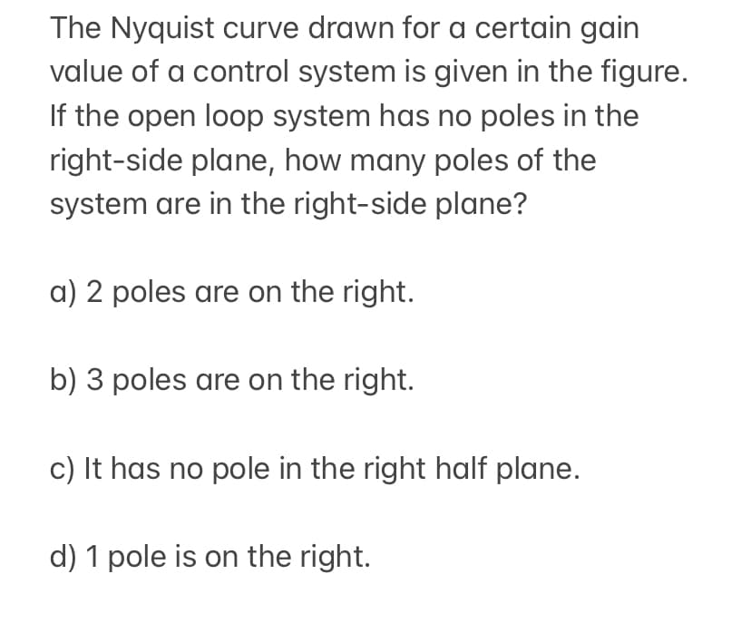 The Nyquist curve drawn for a certain gain
value of a control system is given in the figure.
If the open loop system has no poles in the
right-side plane, how many poles of the
system are in the right-side plane?
a) 2 poles are on the right.
b) 3 poles are on the right.
c) It has no pole in the right half plane.
d) 1 pole is on the right.
