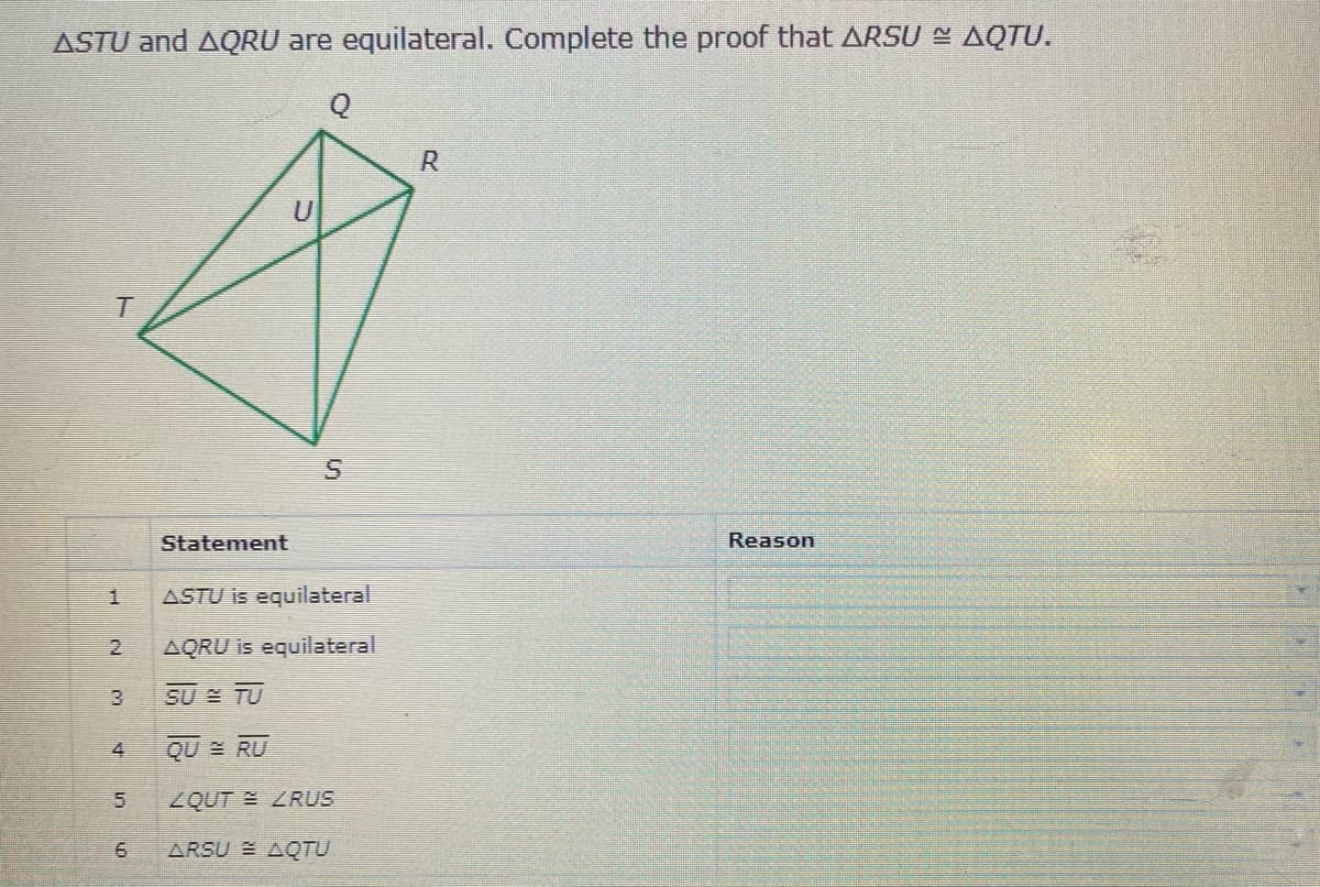 ASTU and AQRU are equilateral. Complete the proof that ARSU - AQTU.
U
Statement
Reason
ASTU is equilateral
AQRU is equilateral
3
SU TU
4
QU RU
5.
ZQUT ZRUS
ARSU AQTU
2.
