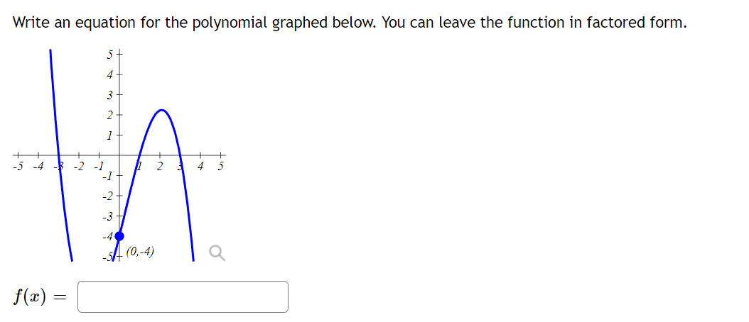 Write an equation for the polynomial graphed below. You can leave the function in factored form.
5
4
3
2
the
(0,-4)
f(x) =
=