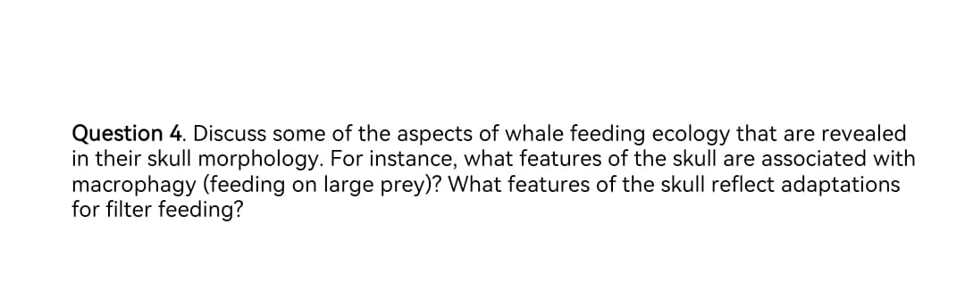 Question 4. Discuss some of the aspects of whale feeding ecology that are revealed
in their skull morphology. For instance, what features of the skull are associated with
macrophagy (feeding on large prey)? What features of the skull reflect adaptations
for filter feeding?
