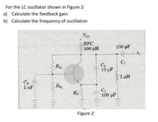 For the LC oscillator shown in Figure 2:
a) Calculate the feedback gain
b) Calculate the frequency of oscillation
Vec
RFC
100 pF
100 μΗ
Ce
10 pF
1 uH
RE
C
C,
1 nF
R
Rg
100 pF
Figure 2
