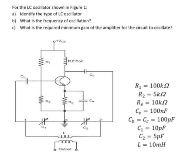 For the LC oscillator shown in Figure 1:
a) Identify the type of LC oscillator
b) What is the frequency of oscillation?
c) What is the required minimum gain of the amplifier for the circuit to oscillate?
Vcc
R.F.Cll
R = 100k2
R2 = 5k2
%3D
R. = 10k2
Ce = 100nF
Cp = Cc = 100pF
C = 10pF
C2 = 5pF
%3D
%3D
%3D
%3D
wie
%3D
L = 10mH
%3D
Output
