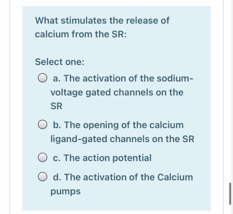 What stimulates the release of
calcium from the SR:
Select one:
O a. The activation of the sodium-
voltage gated channels on the
SR
b. The opening of the calcium
ligand-gated channels on the SR
O c. The action potential
d. The activation of the Calcium
pumps
