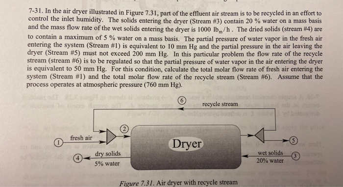 7-31. In the air dryer illustrated in Figure 7.31, part of the effluent air stream is to be recycled in an effort to
control the inlet humidity. The solids entering the dryer (Stream #3) contain 20 % water on a mass basis
and the mass flow rate of the wet solids entering the dryer is 1000 lb/h. The dried solids (stream #4) are
to contain a maximum of 5 % water on a mass basis. The partial pressure of water vapor in the fresh air
entering the system (Stream #1) is equivalent to 10 mm Hg and the partial pressure in the air leaving the
dryer (Stream #5) must not exceed 200 mm Hg. In this particular problem the flow rate of the recycle
stream (stream #6) is to be regulated so that the partial pressure of water vapor in the air entering the dryer
is equivalent to 50 mm Hg. For this condition, calculate the total molar flow rate of fresh air entering the
system (Stream #1) and the total molar flow rate of the recycle stream (Stream #6). Assume that the
process operates at atmospheric pressure (760 mm Hg).
recycle stream
fresh air
Dryer
wet solids
20% water
dry solids
5% water
Figure 7.31. Air dryer with recycle stream
