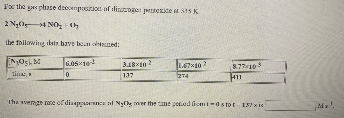 For the gas phase decomposition of dinitrogen pentoxide at 335 K
2 N205
→4 NO2 + O2
the following data have been obtained:
N205], M
6.05x102
3.18×10-2
1.67x10-2
8.77x10-3
time, s
137
274
411
The average rate of disappearance of N205 over the time period from t=0 s to t 137 s is
Ms
