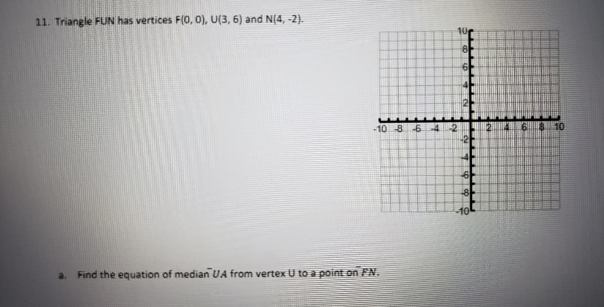 11. Triangle FUN has vertices F(0, 0), U(3, 6) and N(4, -2).
10r
-10-8 -6
-4
2
6 8 10
-8
10
a.
Find the equation of median UA from vertex U to a point on FN.
