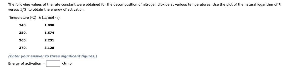 The following values of the rate constant were obtained for the decomposition of nitrogen dioxide at various temperatures. Use the plot of the natural logarithm of k
versus 1/T to obtain the energy of activation.
Temperature (°C) k (L/mol · s)
340.
1.098
350.
1.574
360.
2.231
370.
3.128
(Enter your answer to three significant figures.)
Energy of activation =
kJ/mol
