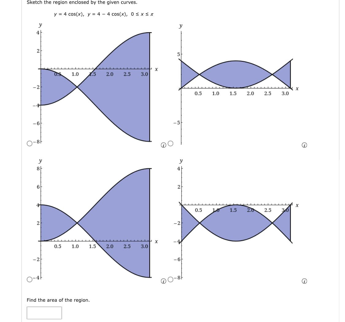 Sketch the region enclosed by the given curves.
y = 4 cos(x), y = 4 – 4 cos(x), 0 < x < n
y
y
4
2
1.0
X.5
2.0
2.5
3.0
-2
0.5
1.0
1.5
2.0
2.5
3.0
-6
y
4
6
2
0.5
10
1.5
2.0
2.5
2
0.5
1.0
1.5
2.0
2.5
3.0
-2
-6
Find the area of the region.
