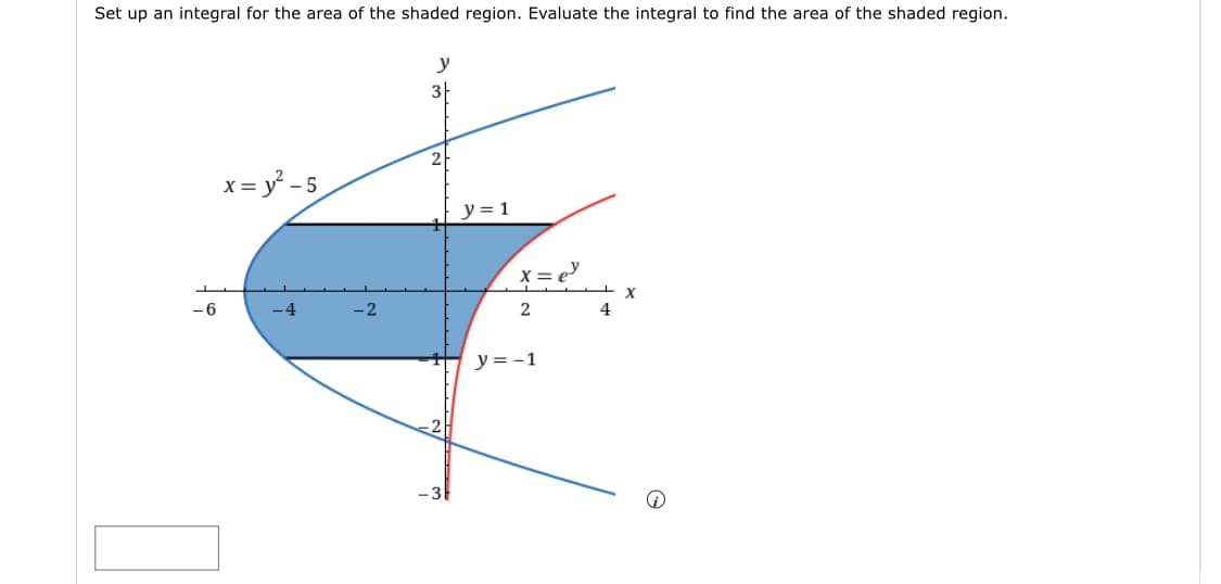 Set up an integral for the area of the shaded region. Evaluate the integral to find the area of the shaded region.
y
3|
x = y - 5
y=1
X= e
-6
2
4
y = -1
