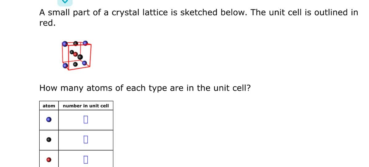 A small part of a crystal lattice is sketched below. The unit cell is outlined in
red.
How many atoms of each type are in the unit cell?
atom
number in unit cell
