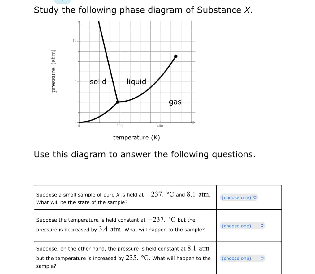 Study the following phase diagram of Substance X.
12-
solid
liquid
6.
gas
200
400
temperature (K)
Use this diagram to answer the following questions.
Suppose a small sample of pure X is held at - 237. °C and 8.1 atm.
(choose one) O
What will be the state of the sample?
Suppose the temperature is held constant at – 237. °C but the
(choose one)
pressure is decreased by 3.4 atm. What will happen to the sample?
Suppose, on the other hand, the pressure is held constant at 8.1 atm
but the temperature is increased by 235. °C. What will happen to the
(choose one)
sample?
pressure (atm)
