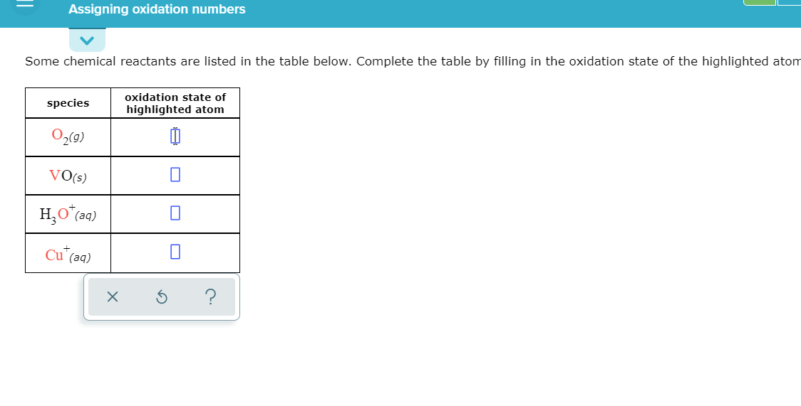 Assigning oxidation numbers
Some chemical reactants are listed in the table below. Complete the table by filling in the oxidation state of the highlighted atom
oxidation state of
species
highlighted atom
VO(s)
Cu (aq)
%3D
