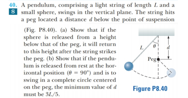 40. A pendulum, comprising a light string of length L and a
S small sphere, swings in the vertical plane. The string hits
a peg located a distance d below the point of suspension
(Fig. P8.40). (a) Show that if the
sphere is released from a height
below that of the peg, it will return
to this height after the string strikes
the peg. (b) Show that if the pendu-
Pege
lum is released from rest at the hor-
izontal position (0 = 90°) and is to
swing in a complete circle centered
on the peg, the minimum value of d
must be 3L/5.
Figure P8.40
