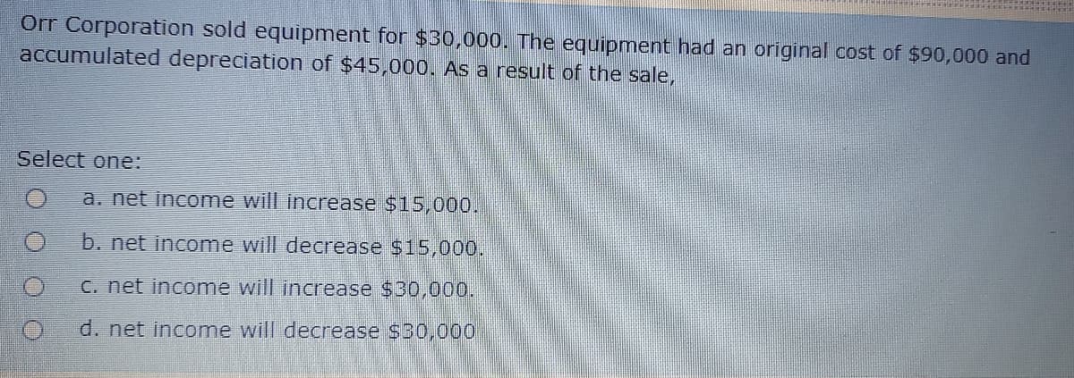 Orr Corporation sold equipment for $30,000. The equipment had an original cost of $90,000 and
accumulated depreciation of $45,000. As a result of the sale,
Select one:
a. net income will increase $15,000.
b. net income will decrease $15,000.
C. net income will increase $30,000.
d. net income will decrease $30,000
