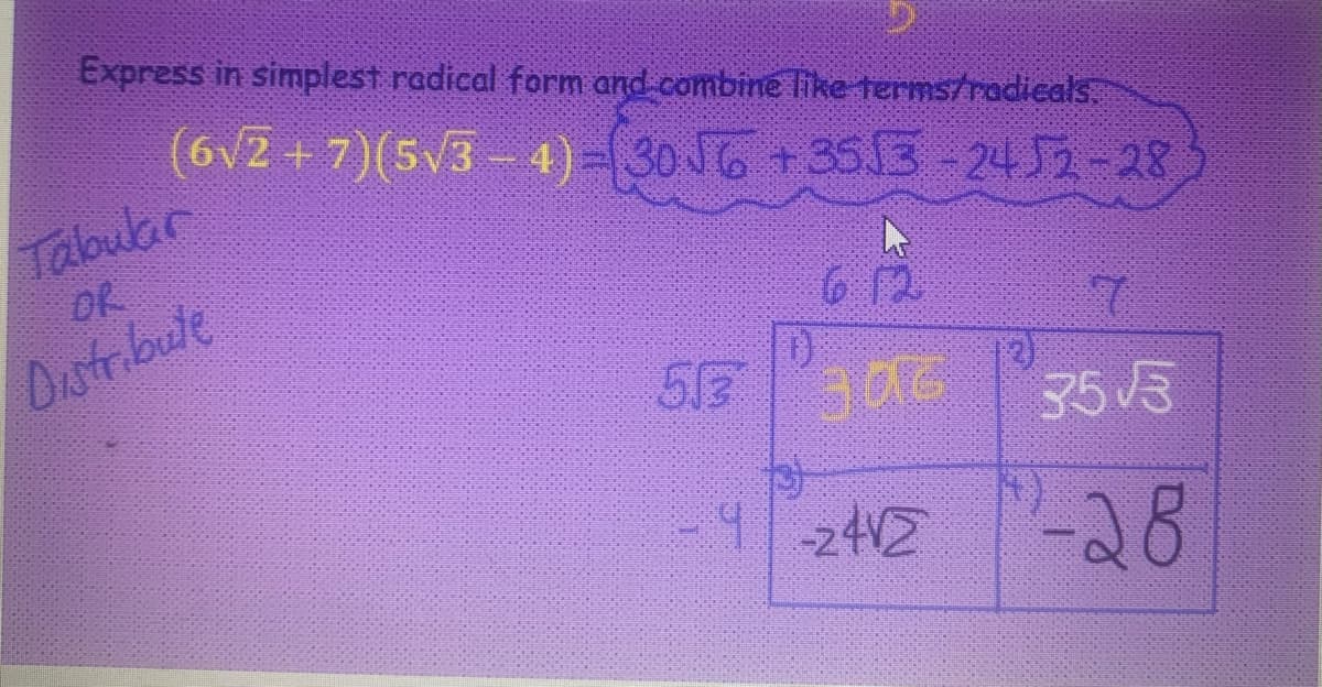 Express in simplest radical form and combine like terms/radicals.
(6√2+7)(5√3-4)=(30√6 +353-2452-28
Tabular
OR
Distribute
612
306
1)
1
19-2412
7
35√√3
-28