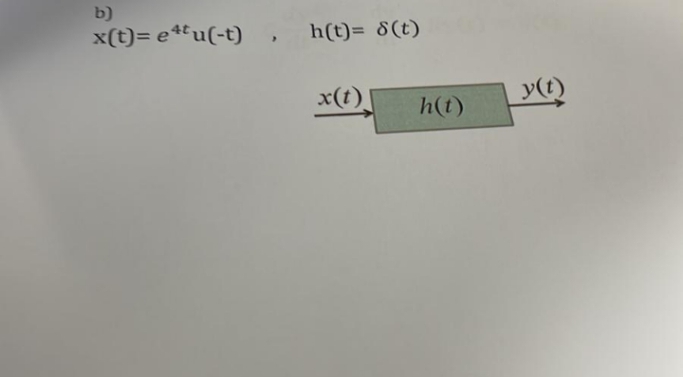 b)
x(t)= etu(-t), h(t)= 8(t)
x(t)
h(t)
y(t)