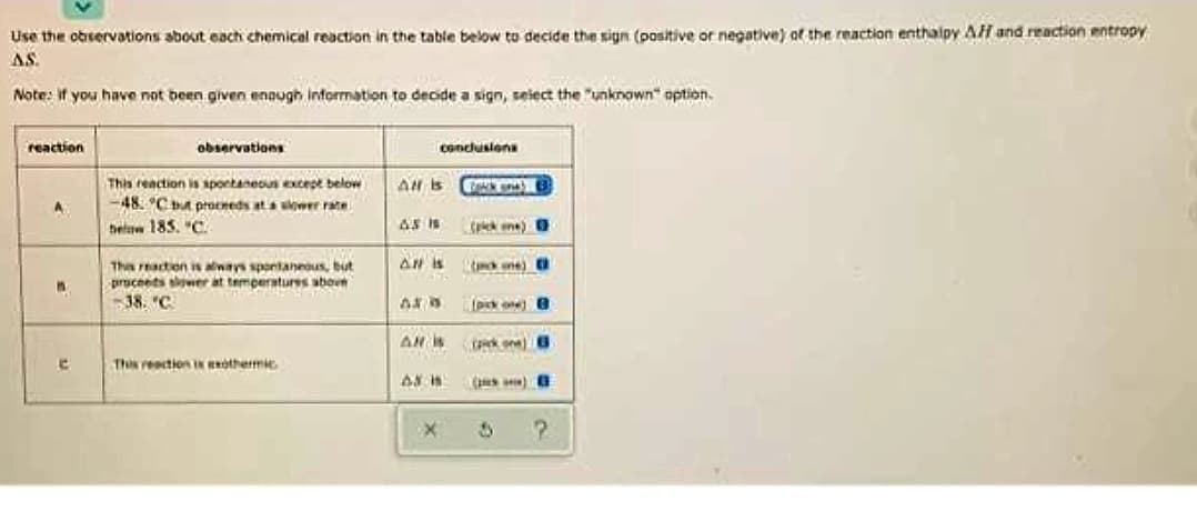 Use the observations about each chemical reaction in the table below to decide the sign (positive or negative) of the reaction enthalpy AH and reaction entropy
AS.
Note: if you have not been given enough information to decide a sign, select the "unknown" option.
reaction
M
C
observations
This reaction is spontaneous except below
-48 °C but proceeds at a lower rate
below 185. "C
This reaction is always spontaneous, but
proceeds slower at temperatures abou
-38. "C
This reaction in othermic
All is
65 19
conclusions
AN is
AN IS
A3 is
X
alkond E
(picken)
(pack one)
[pick one) B
pik one) B
5 ?
