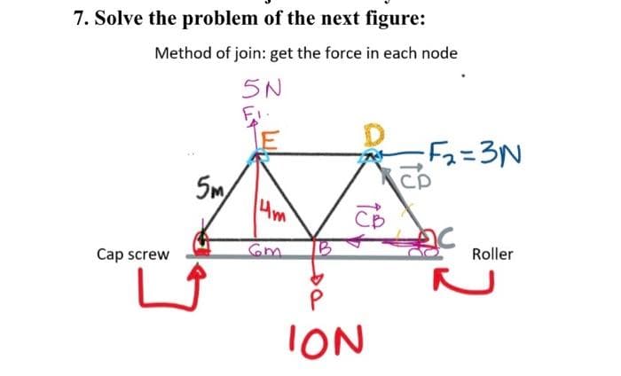 7. Solve the problem of the next figure:
Method of join: get the force in each node
5N
Cap screw
5m/
im
14m
Gm
св
ION
-F₂=3N
Roller