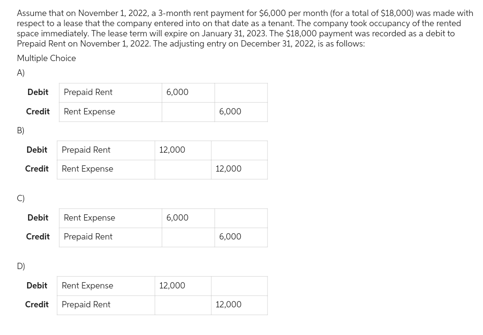 Assume that on November 1, 2022, a 3-month rent payment for $6,000 per month (for a total of $18,000) was made with
respect to a lease that the company entered into on that date as a tenant. The company took occupancy of the rented
space immediately. The lease term will expire on January 31, 2023. The $18,000 payment was recorded as a debit to
Prepaid Rent on November 1, 2022. The adjusting entry on December 31, 2022, is as follows:
Multiple Choice
A)
B)
C)
D)
Debit
Credit
Debit
Credit
Debit
Credit
Debit
Credit
Prepaid Rent
Rent Expense
Prepaid Rent
Rent Expense
Rent Expense
Prepaid Rent
Rent Expense
Prepaid Rent
6,000
12,000
6,000
12,000
6,000
12,000
6,000
12,000