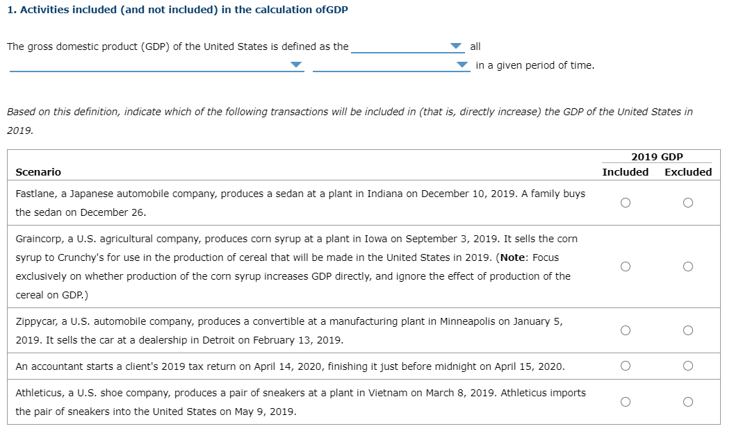 1. Activities included (and not included) in the calculation ofGDP
The gross domestic product (GDP) of the United States is defined as the
all
in a given period of time.
Based on this definition, indicate which of the following transactions will be included in (that is, directly increase) the GDP of the United States in
2019.
2019 GDP
Scenario
Included
Excluded
Fastlane, a Japanese automobile company, produces a sedan at a plant in Indiana on December 10, 2019. A family buys
the sedan on December 26.
Graincorp, a U.S. agricultural company, produces corn syrup at a plant in Iowa on September 3, 2019. It sells the corn
syrup to Crunchy's for use in the production of cereal that will be made in the United States in 2019. (Note: Focus
exclusively on whether production of the corn syrup increases GDP directly, and ignore the effect of production of the
cereal on GDP.)
Zippycar, a
automobile company, produces a convertible at a manufacturing plant in Minneapolis on January 5,
2019. It sells the car at a dealership in Detroit on February 13, 2019.
An accountant starts a client's 2019 tax return on April 14, 2020, finishing it just before midnight on April 15, 2020.
Athleticus, a U.S. shoe company, produces a pair of sneakers at a plant in Vietnam on March 8, 2019. Athleticus imports
the pair of sneakers into the United States on May 9, 2019.
