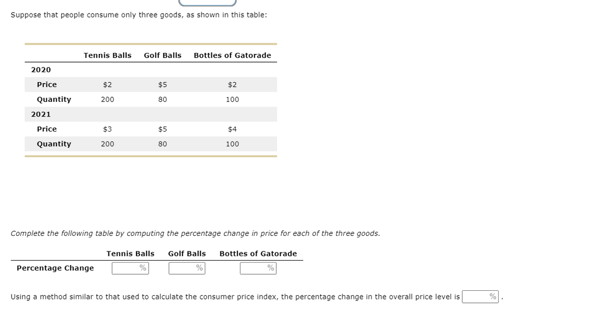 Suppose that people consume only three goods, as shown in this table:
Tennis Balls
Golf Balls
Bottles of Gatorade
2020
Price
$2
$5
$2
Quantity
200
80
100
2021
Price
$3
$5
$4
Quantity
200
80
100
Complete the following table by computing the percentage change in price for each of the three goods.
Tennis Balls
Golf Balls
Bottles of Gatorade
Percentage Change
Using a method similar to that used to calculate the consumer price index, the percentage change in the overall price level is
%
