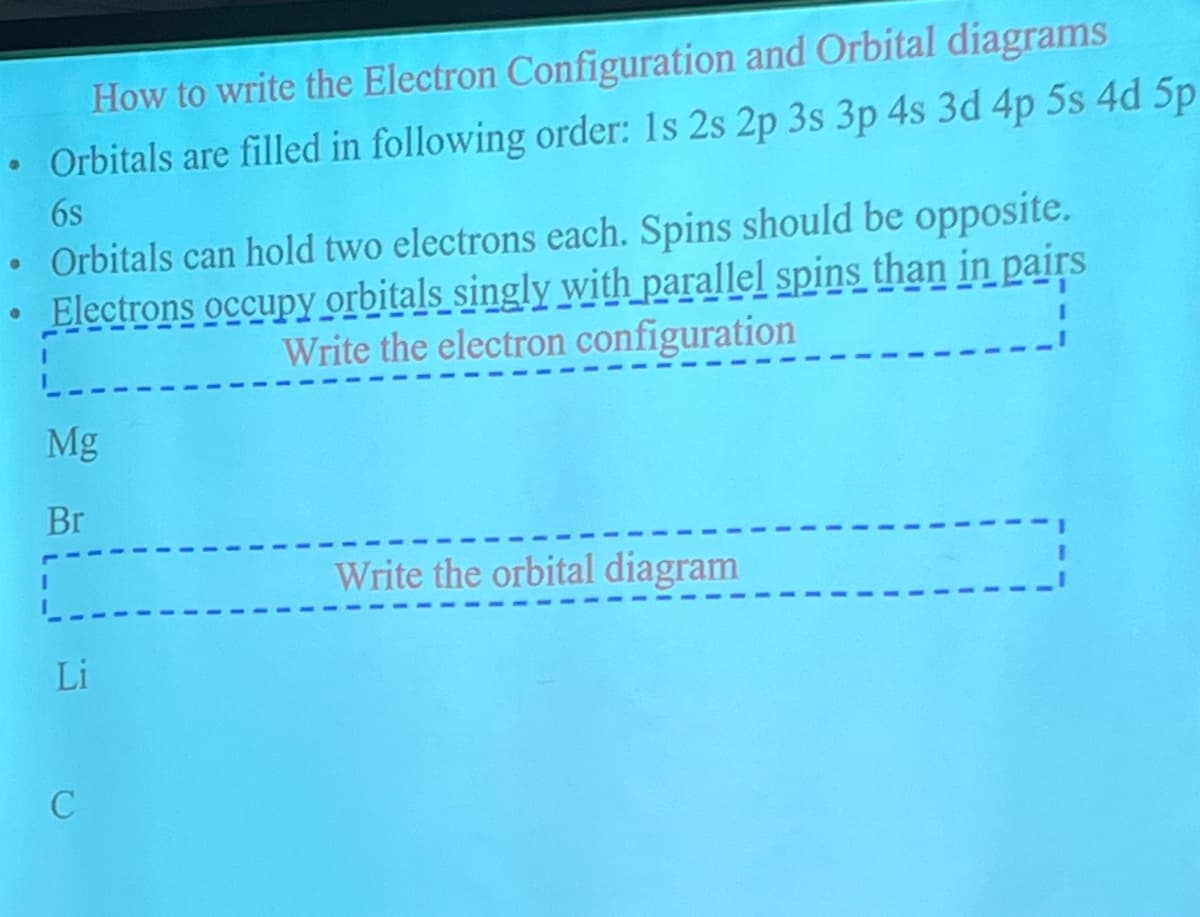 How to write the Electron Configuration and Orbital diagrams
• Orbitals are filled in following order: 1s 2s 2p 3s 3p 4s 3d 4p 5s 4d 5p
6s
• Orbitals can hold two electrons each. Spins should be opposite.
• Electrons occupy orbitals singly with parallel spins than in pairs
Write the electron configuration
Mg
Br
Li
C
Write the orbital diagram