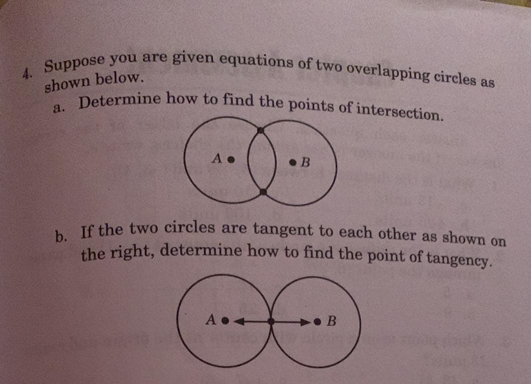 4. Suppose you are given equations of two overlapping circles as
a. Determine how to find the points of intersection.
shown below.
• B
, If the two circles are tangent to each other as shown on
the right, determine how to find the point of tangency.
A •<
