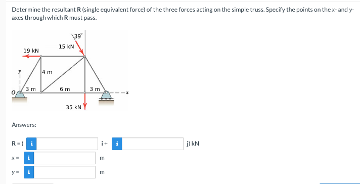 Determine the resultant R (single equivalent force) of the three forces acting on the simple truss. Specify the points on the x- and y-
axes through which R must pass.
\39°
15 kN
19 kN
4 m
3 m
6 m
3 m
35 kN
Answers:
R=(
i
i+
i
j) kN
i
y=
i
E E
