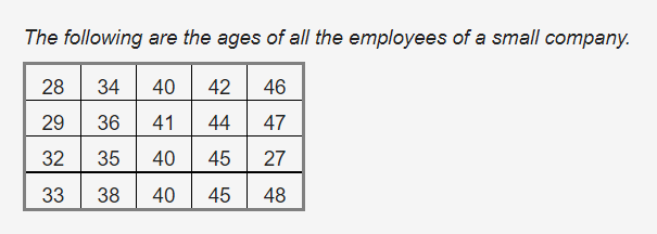 The following are the ages of all the employees of a small company.
28
34
40
42
46
29
36
41
44
47
32
35
40
45
27
33
38
40
45
48
