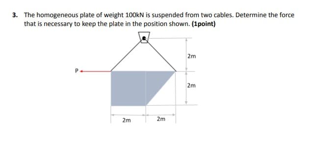 3. The homogeneous plate of weight 100kN is suspended from two cables. Determine the force
that is necessary to keep the plate in the position shown. (1point)
2m
2m
2m
2m