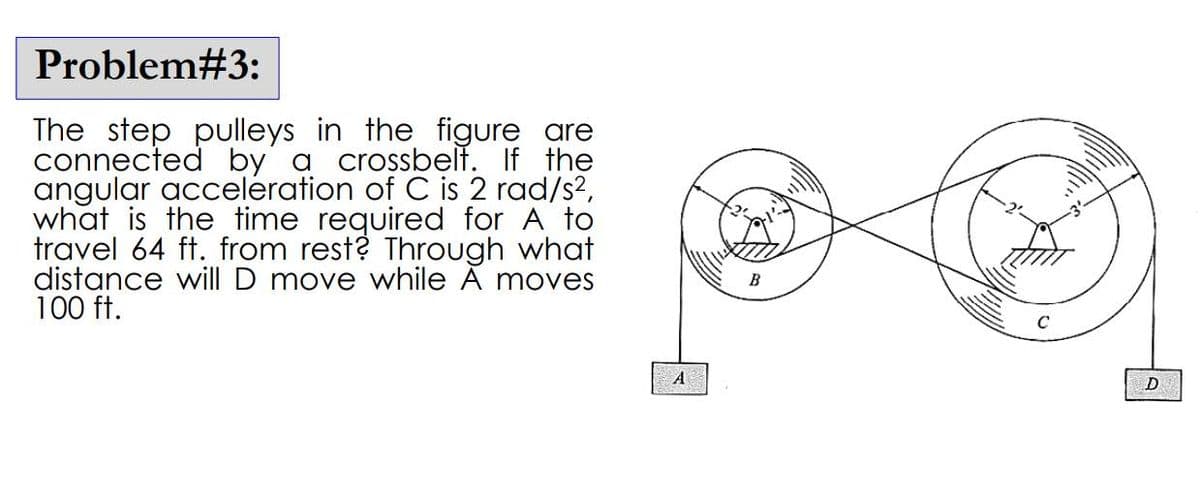 Problem#3:
The step pulleys in the figure are
connected by a crossbelt. If the
angular acceleration of C is 2 rad/s²,
what is the time required for A to
travel 64 ft. from rest? Through what
distance will D move while A moves
100 ft.
A
B
D