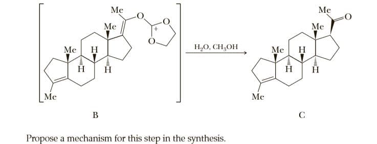 Me
Me
Me
Me
Me
H
H,O, CH,OH
Me
H
H
Ме
Me
В
C
Propose a mechanism for this step in the synthesis.
.T.
