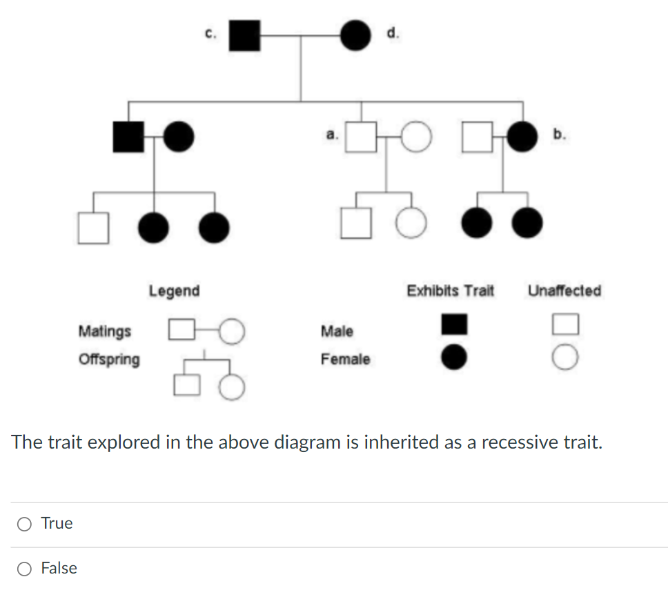 а.
Legend
Exhibits Trait
Unaffected
Matings
Male
Offspring
Female
The trait explored in the above diagram is inherited as a recessive trait.
O True
O False
