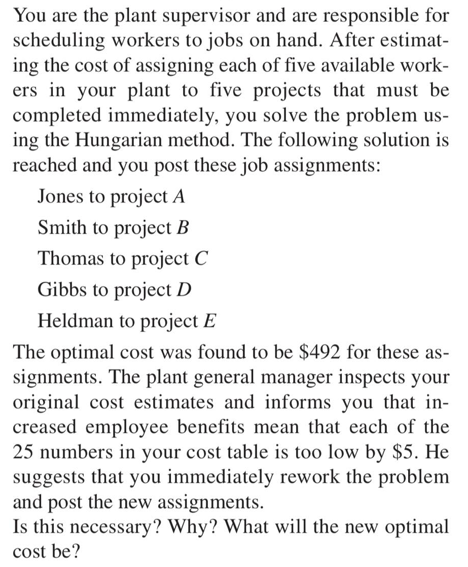 You are the plant supervisor and are responsible for
scheduling workers to jobs on hand. After estimat-
ing the cost of assigning each of five available work-
ers in your plant to five projects that must be
completed immediately, you solve the problem us-
ing the Hungarian method. The following solution is
reached and you post these job assignments:
Jones to project A
Smith to project B
Thomas to project C
Gibbs to project D
Heldman to project E
The optimal cost was found to be $492 for these as-
signments. The plant general manager inspects your
original cost estimates and informs you that in-
creased employee benefits mean that each of the
25 numbers in your cost table is too low by $5. He
suggests that you immediately rework the problem
and post the new assignments.
Is this necessary? Why? What will the new optimal
cost be?
