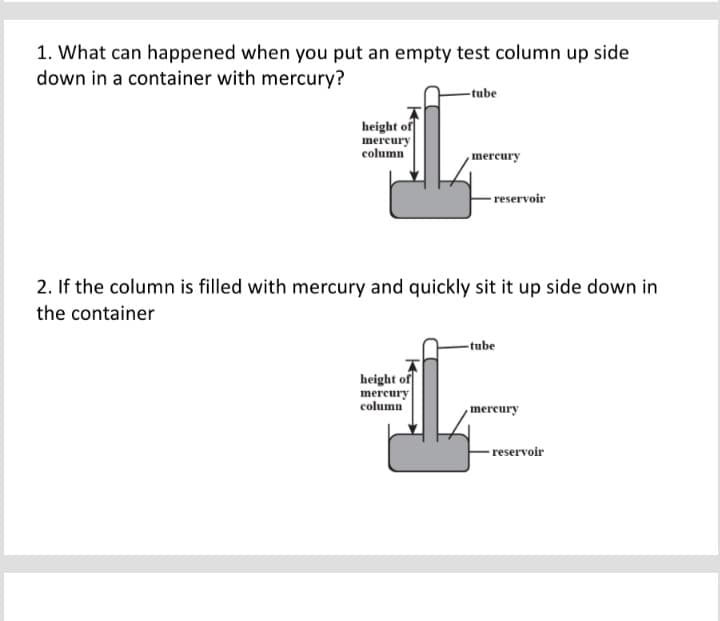 1. What can happened when you put an empty test column up side
down in a container with mercury?
-tube
height of
mercury
column
,mercury
- reservoir
2. If the column is filled with mercury and quickly sit it up side down in
the container
-tube
height of
mercury
column
,mercury
- reservoir
