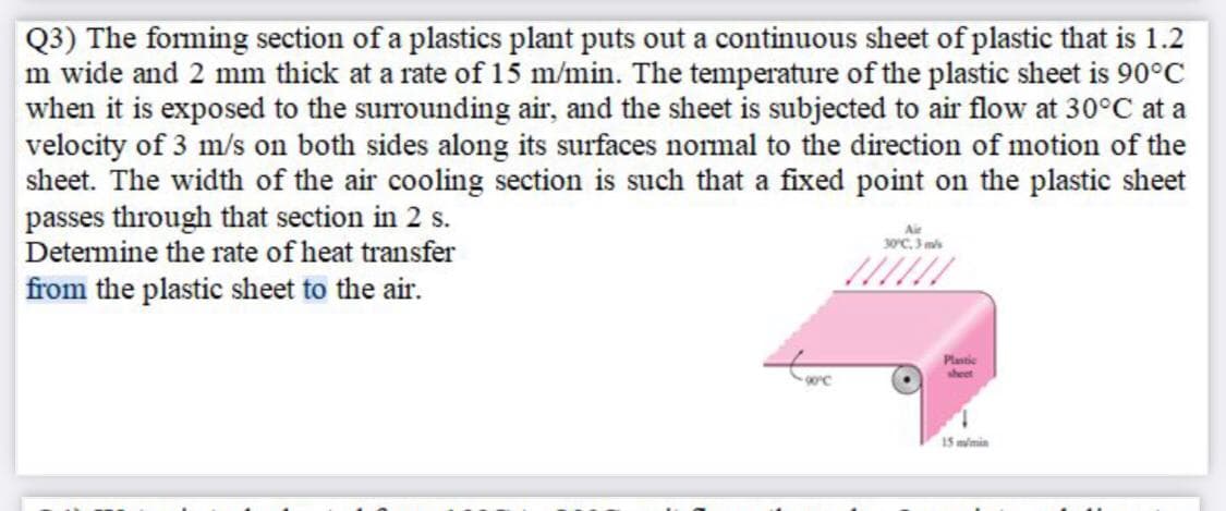 Q3) The forming section of a plastics plant puts out a continuous sheet of plastic that is 1.2
m wide and 2 mm thick at a rate of 15 m/min. The temperature of the plastic sheet is 90°C
when it is exposed to the surrounding air, and the sheet is subjected to air flow at 30°C at a
velocity of 3 m/s on both sides along its surfaces normal to the direction of motion of the
sheet. The width of the air cooling section is such that a fixed point on the plastic sheet
passes through that section in 2 s.
Determine the rate of heat transfer
30C, 3 ms
from the plastic sheet to the air.
Plastic
sheet
15 mimin
