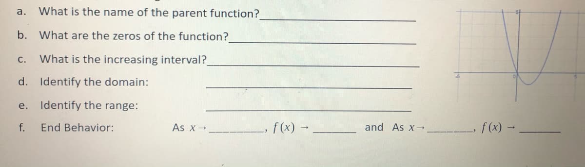 a.
What is the name of the parent function?
b. What are the zeros of the function?
What is the increasing interval?
С.
d. Identify the domain:
e. Identify the range:
f.
End Behavior:
As x-
f(x) –
and As x-
f (x) -

