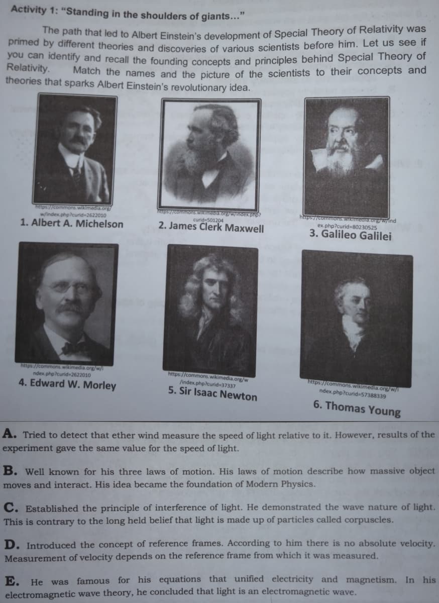 Activity 1: “Standing in the shoulders of giants.….."
primed by dfferent theories and discoveries of various scientists before him. Let us see it
you can identify and recall the founding concepts and principles behind Special Theory or
Relativity.
theories that sparks Albert Einstein's revolutionary idea.
he patn that led to Albert Einstein's development of Special Theory of Relativity was
Match the names and the picture of the scientists to their concepts and
https://commons.wikimedia.org/
w/index.php?curid-2622010
1. Albert A. Michelson
nttp5://commons.Wikimedia.org/w/index.php?
curid-501204
2. James Clerk Maxwell
mons.wikimedia.org/w/ind
ex.php?curid=80230525
3. Galileo Galilei
https://commons.wikimedia.org/w/l
ndex.php?curid-2622010
https://commons.wikimedia.org/w
https://commons.wikimedia.org/w/l
/index.php?curid-37337
4. Edward W. Morley
5. Sir Isaac Newton
ndex.php?curid-57388339
6. Thomas Young
A. Tried to detect that ether wind measure the speed of light relative to it. However, results of the
experiment gave the same value for the speed of light.
B. Well known for his three laws of motion. His laws of motion describe how massive object
moves and interact. His idea became the foundation of Modern Physics.
C. Established the principle of interference of light. He demonstrated the wave nature of light.
This is contrary to the long held belief that light is made up of particles called corpuscles.
D. Introduced the concept of reference frames. According to him there is no absolute velocity.
Measurement of velocity depends on the reference frame from which it was measured.
E. He was famous for his equations that unified electricity and magnetism. In his
electromagnetic wave theory, he concluded that light is an electromagnetic wave.
